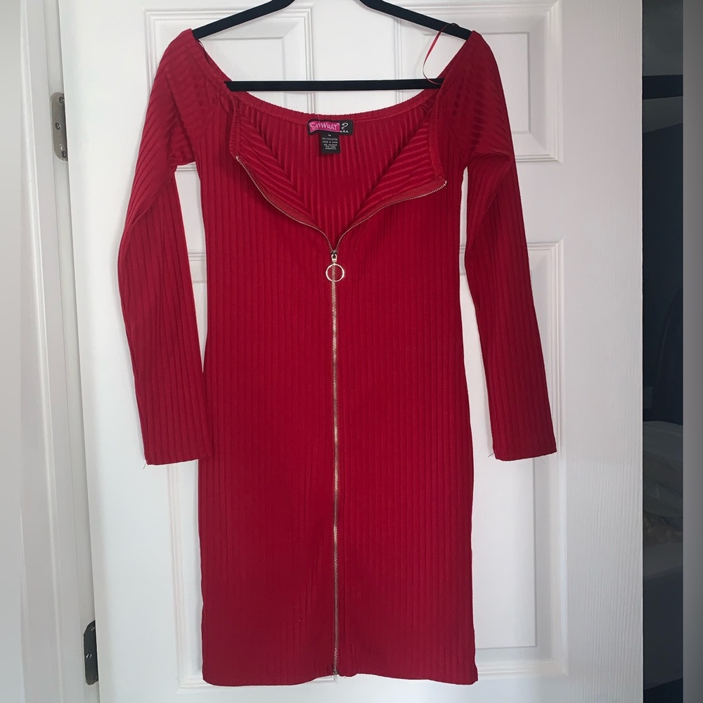 Off the shoulders red mini dress
